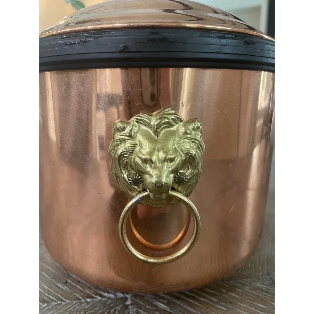 Vintage MCM Coppercraft Guild Copper Ice Bucket 2 Brass  Lion Head Handles 7x7